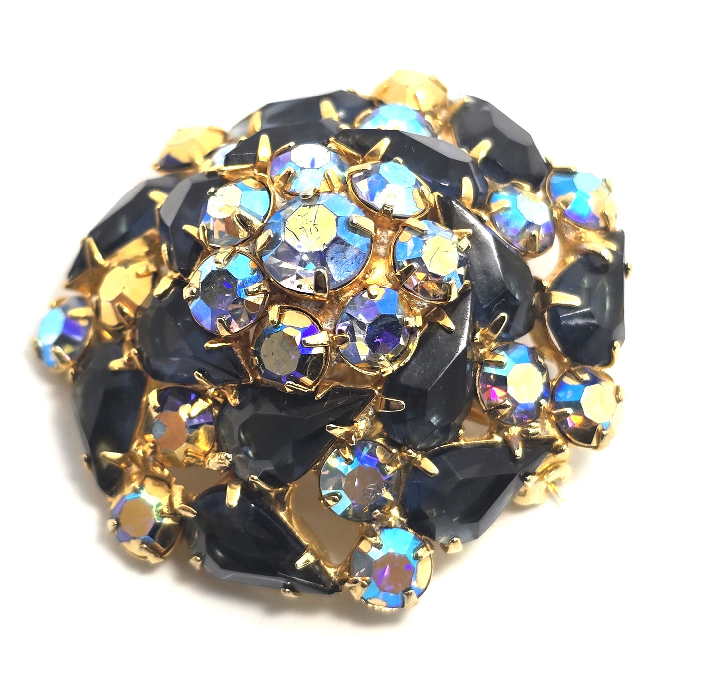 Navy Blue Aurora borealis rainbow domed vintage mid century rhinestone brooch