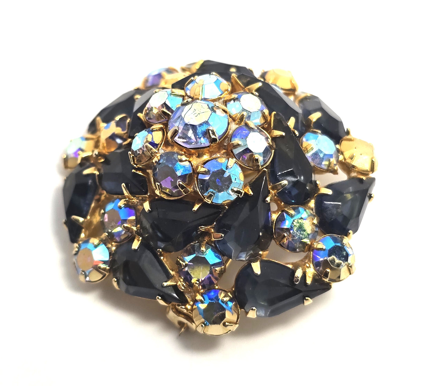 Navy Blue Aurora borealis rainbow domed vintage mid century rhinestone brooch