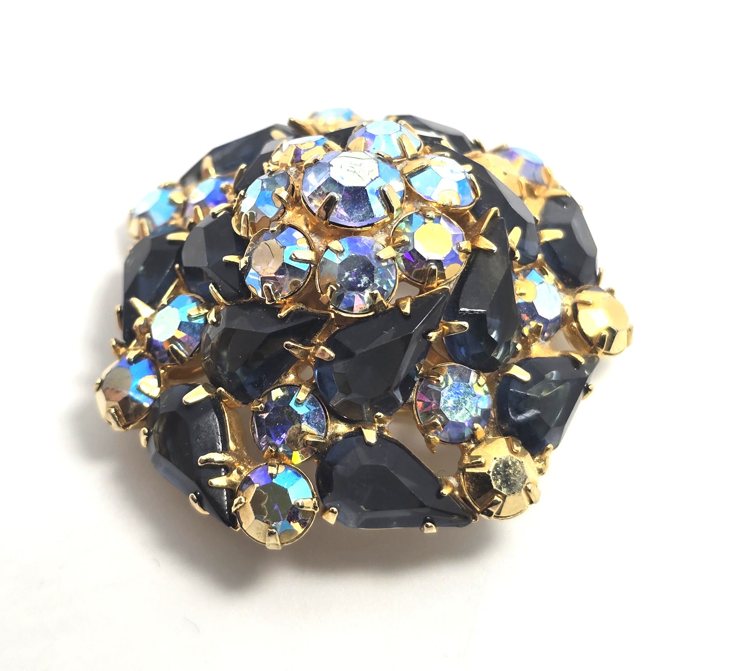 Navy Blue Aurora borealis rainbow domed vintage mid century rhinestone brooch