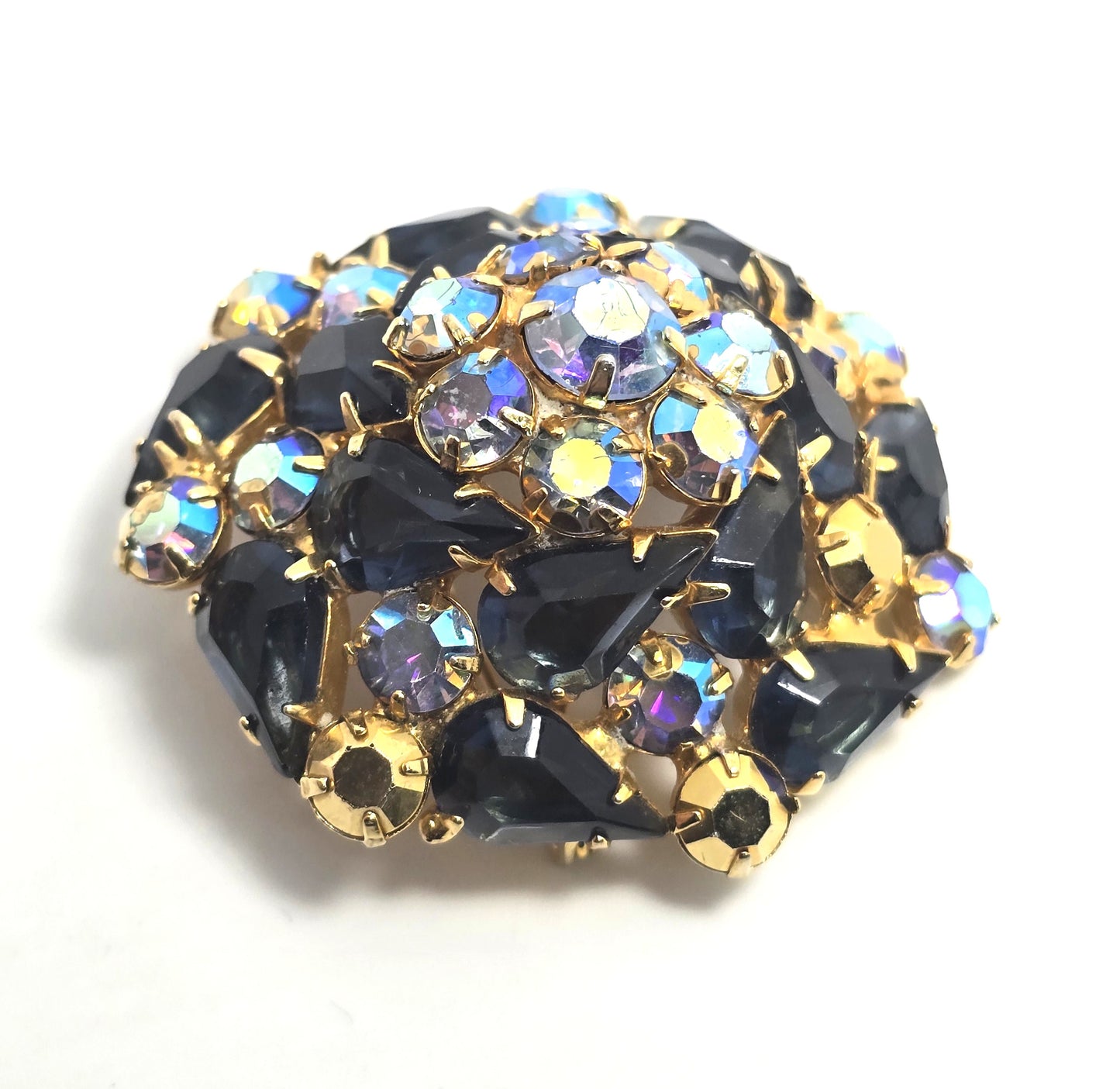 Navy Blue Aurora borealis rainbow domed vintage mid century rhinestone brooch