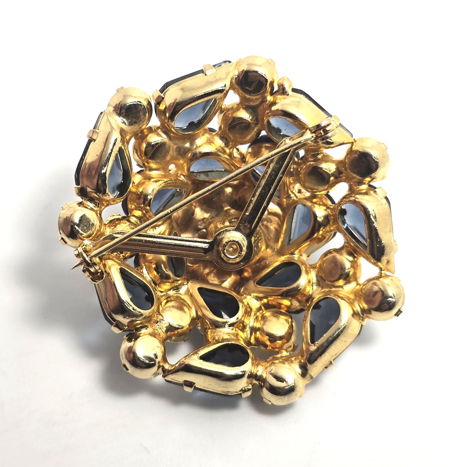 Navy Blue Aurora borealis rainbow domed vintage mid century rhinestone brooch