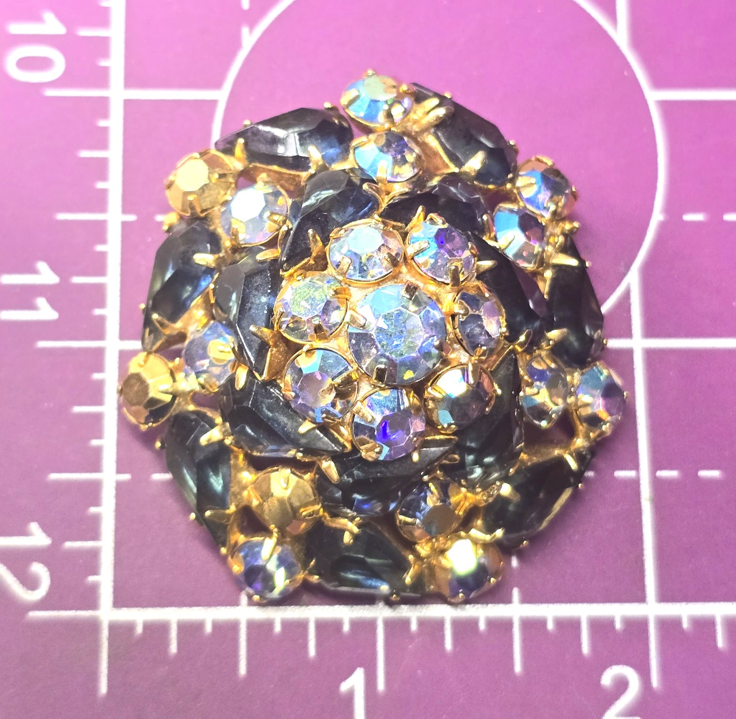 Navy Blue Aurora borealis rainbow domed vintage mid century rhinestone brooch