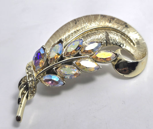 Pegasus Coro Aurora Borealis feather gold toned vintage rhinestone brooch