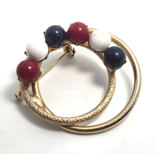 Red white and blue Patriotic Retro mid century gold toned orb brooch 4th of July