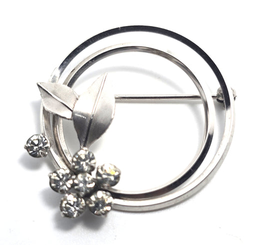 Krementz rhinestone flower silver toned vintage signed brooch