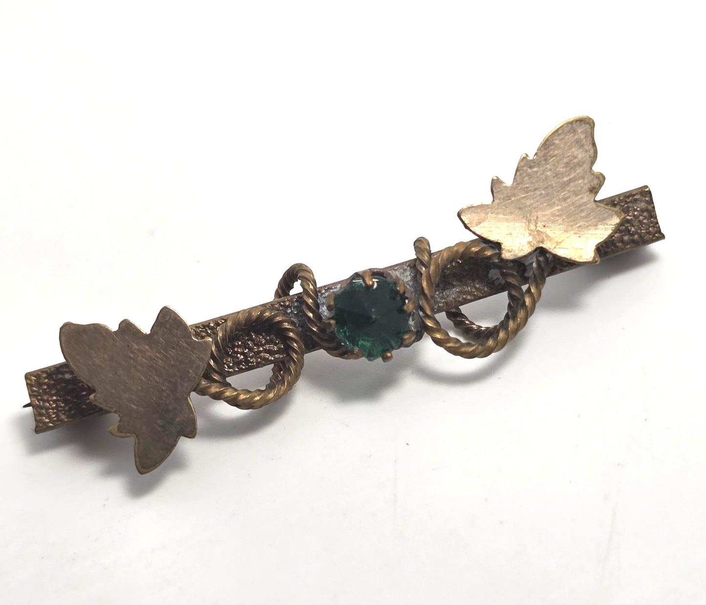 Victorian antique green paste nature gold filled leaf vintage bar pin brooch