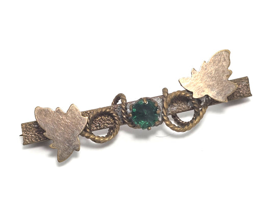 Victorian antique green paste nature gold filled leaf vintage bar pin brooch