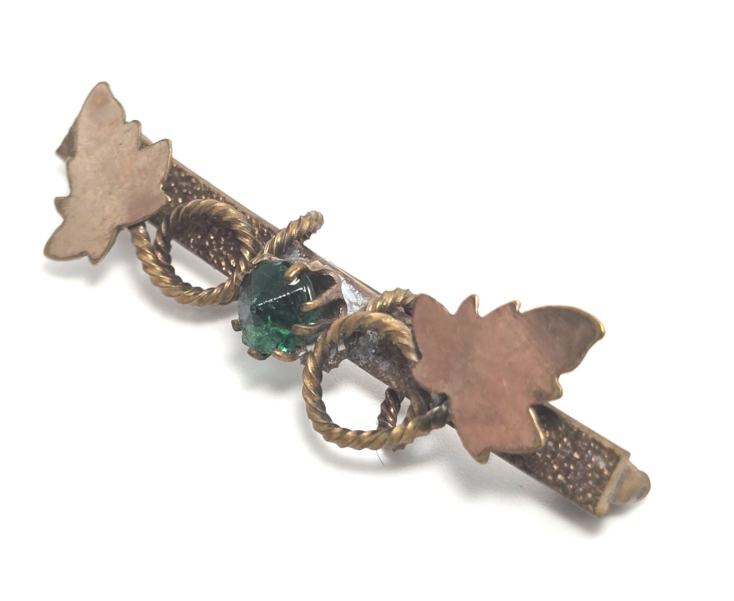 Victorian antique green paste nature gold filled leaf vintage bar pin brooch