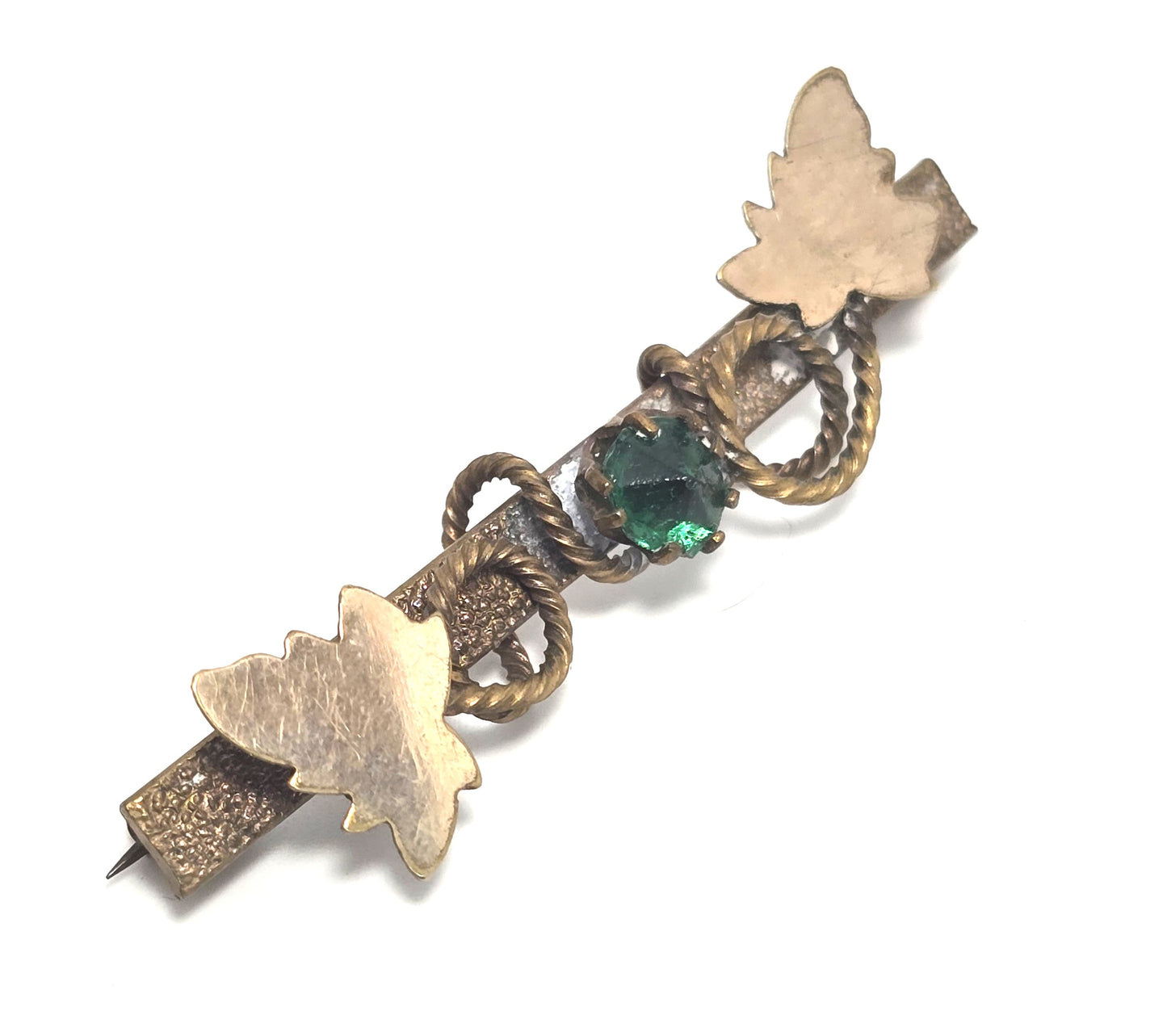 Victorian antique green paste nature gold filled leaf vintage bar pin brooch