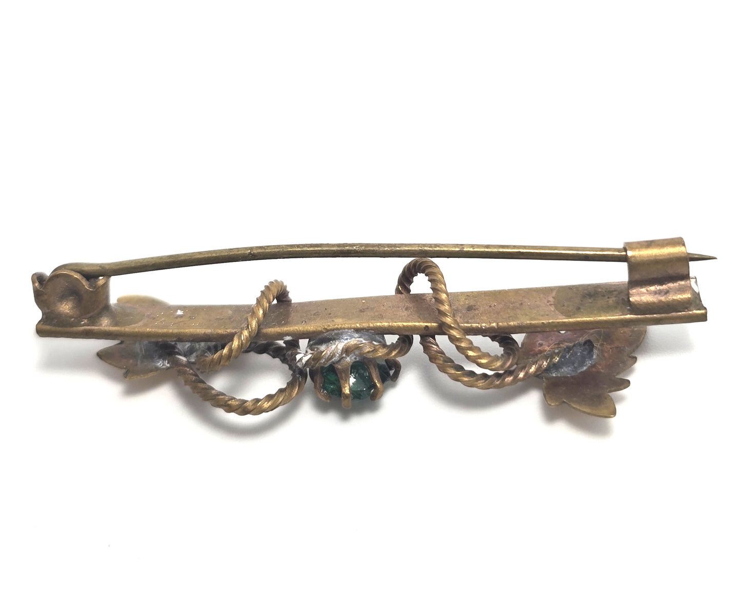 Victorian antique green paste nature gold filled leaf vintage bar pin brooch