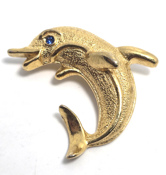 Gerry's Dolphin blue rhinestone gold toned vintage signed brooch