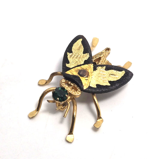 Spanish Damascene fly bug insect figural vintage gold toned brooch pin