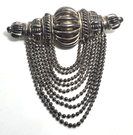 Festoon beaded swag chain silver toned vintage brooch