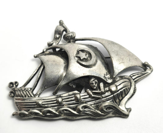 Galleon Boat Naval Ship vintage silver toned sailing pirate ship brooch