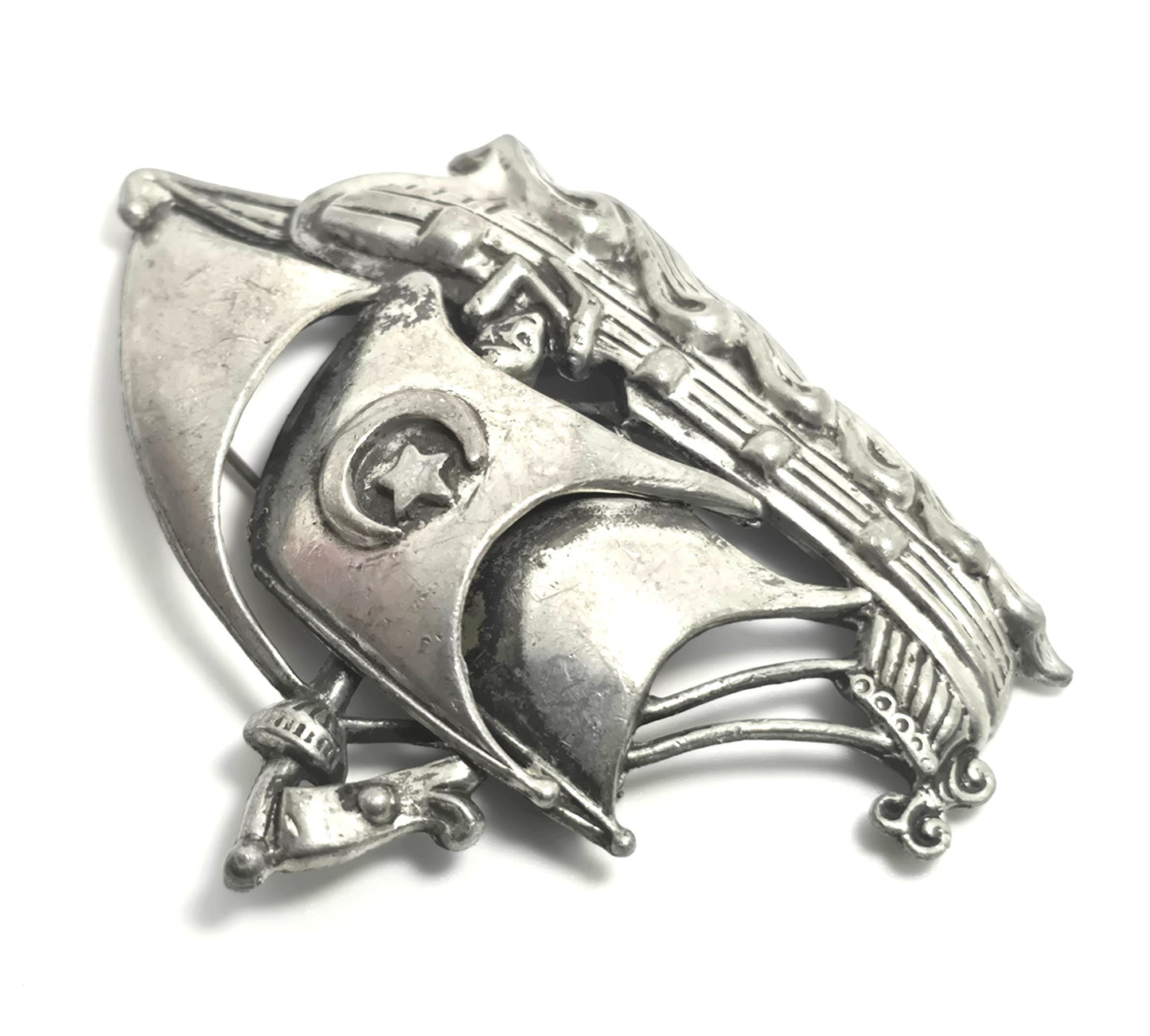 Galleon Boat Naval Ship vintage silver toned sailing pirate ship brooch