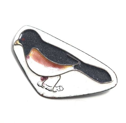Towhee bird copper on enamel vintage artisan Chris handcrafted brooch
