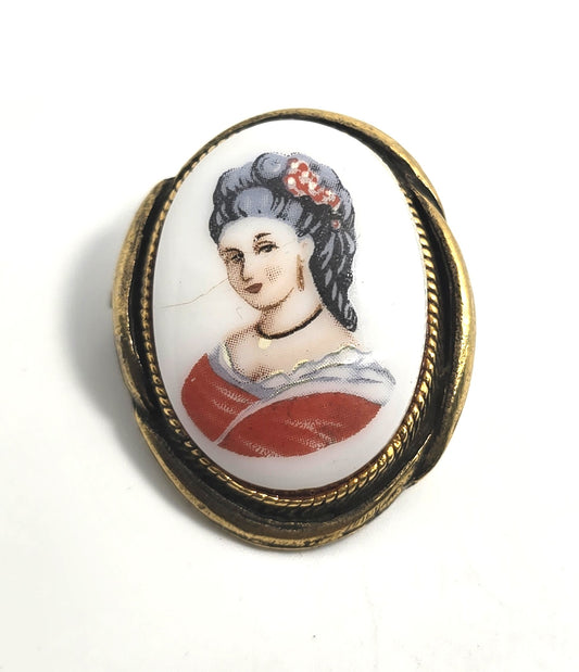 Cameo red woman porcelain transferware mid century vintage cameo brooch
