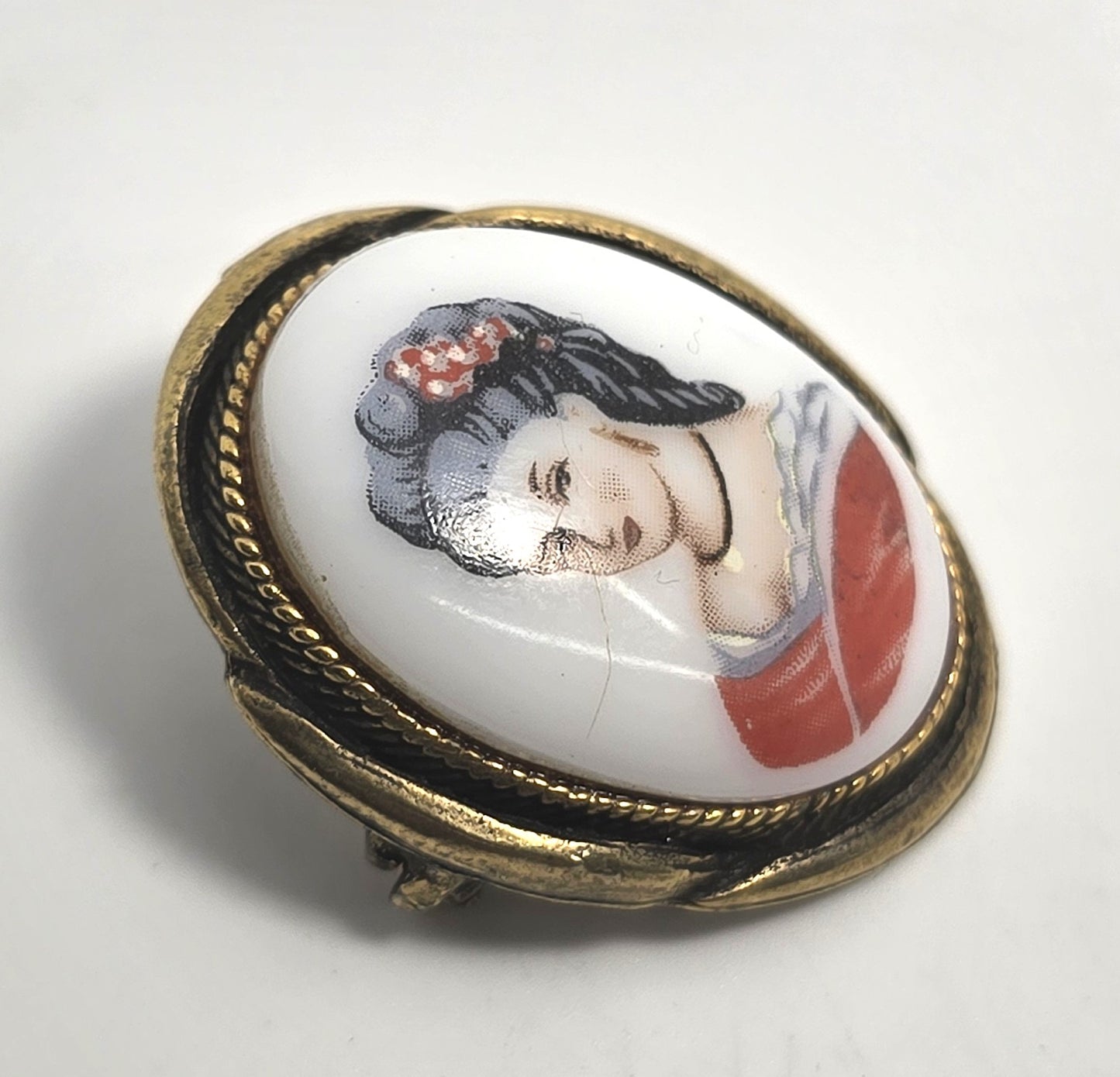Cameo red woman porcelain transferware mid century vintage cameo brooch
