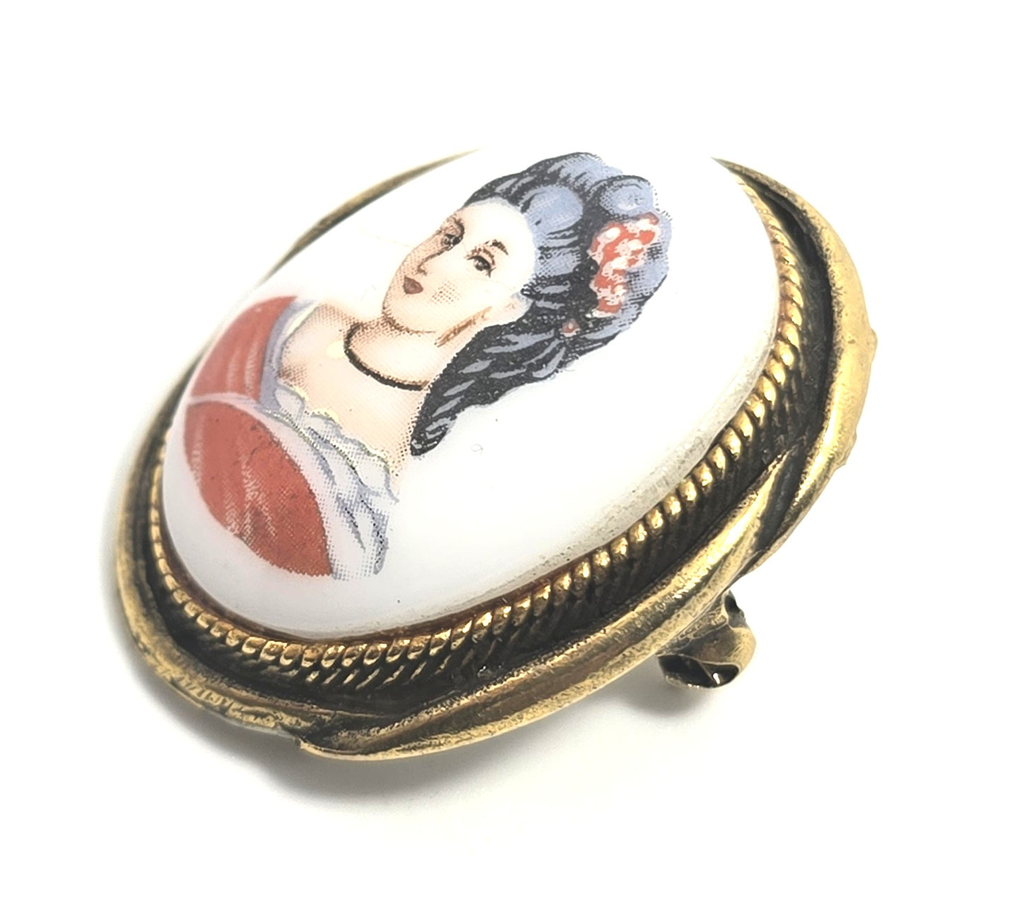 Cameo red woman porcelain transferware mid century vintage cameo brooch