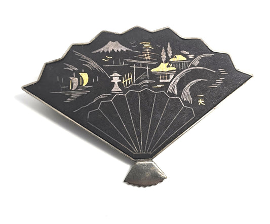 Japanese Damascene fan vintage gold etched fan brooch signed Japan