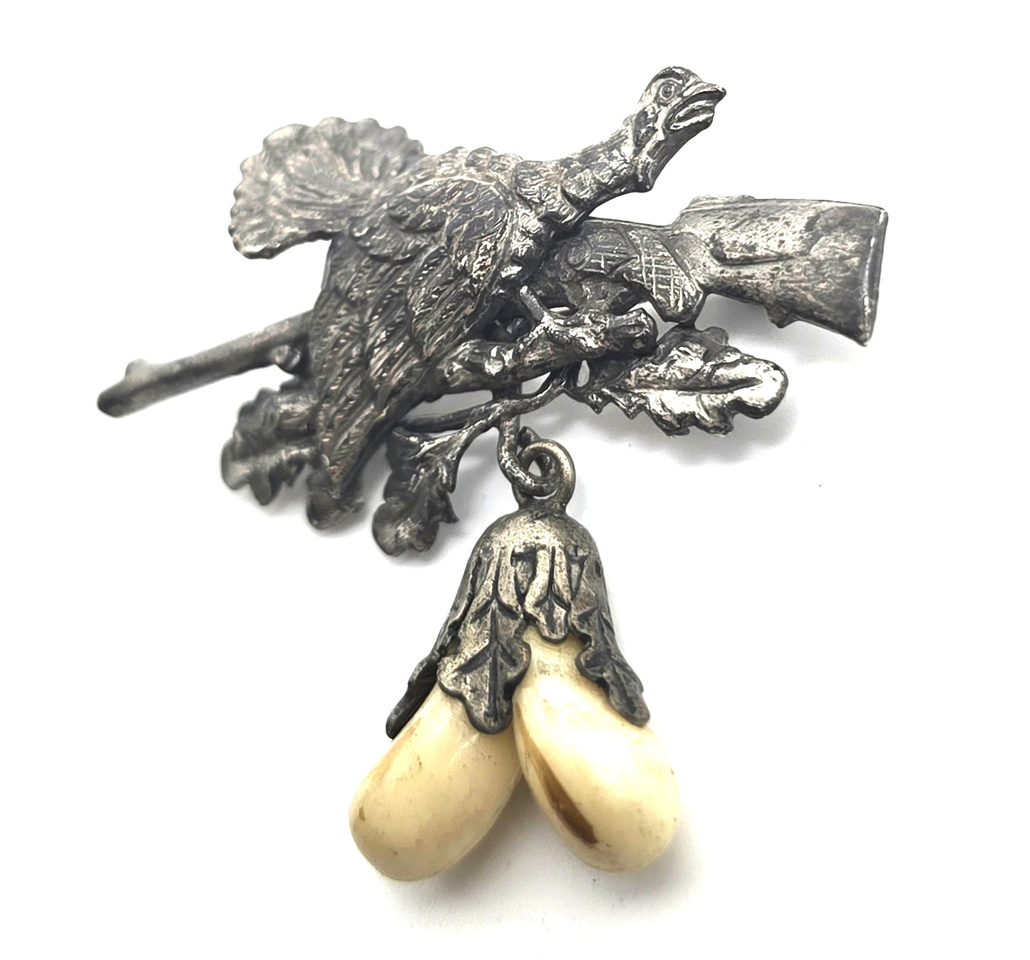 Vintage German Silver Pheasant Rifle Hunting Brooch with Grandel Boar Tusk brooch