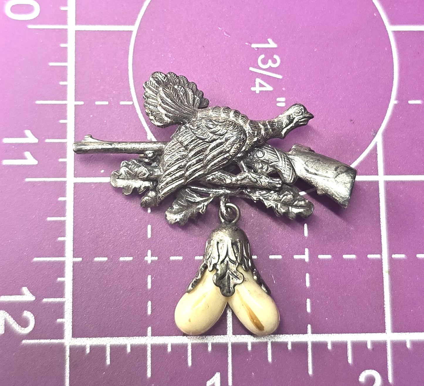 Vintage German Silver Pheasant Rifle Hunting Brooch with Grandel Boar Tusk brooch