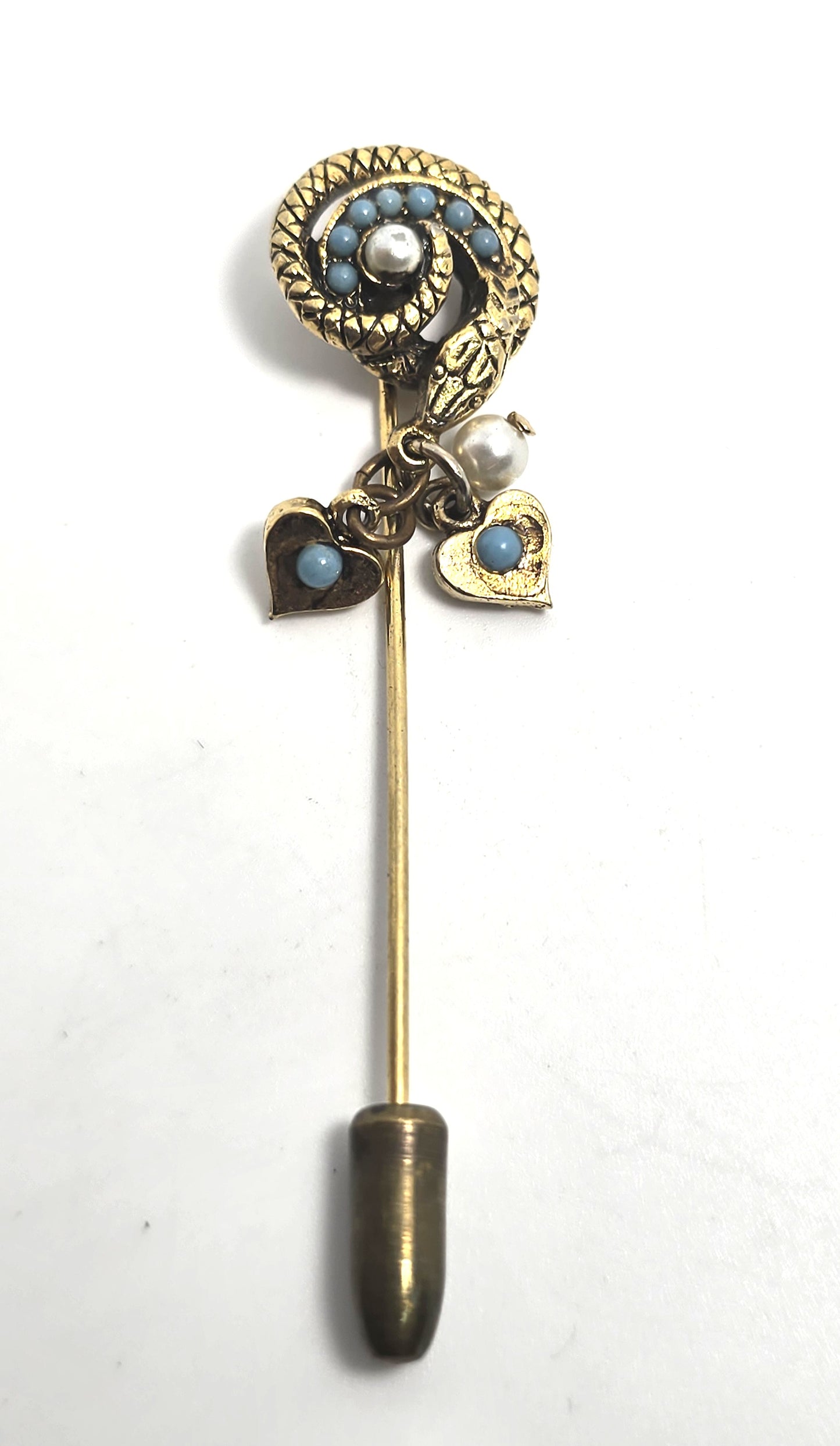 Turquoise Blue Ballotini Faux Pearl Heart Charm Snake Serpent vintage Stick Pin