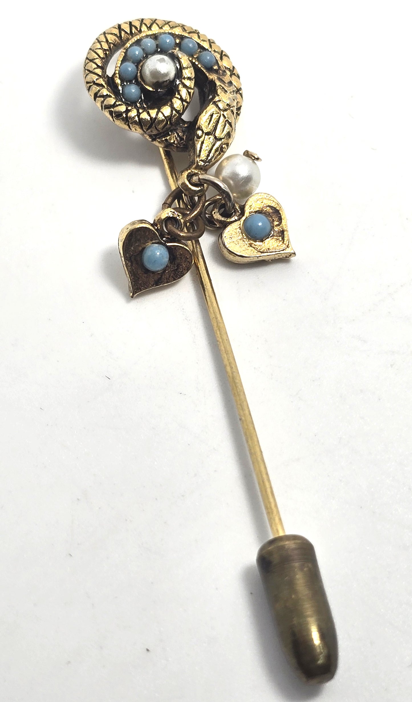 Turquoise Blue Ballotini Faux Pearl Heart Charm Snake Serpent vintage Stick Pin