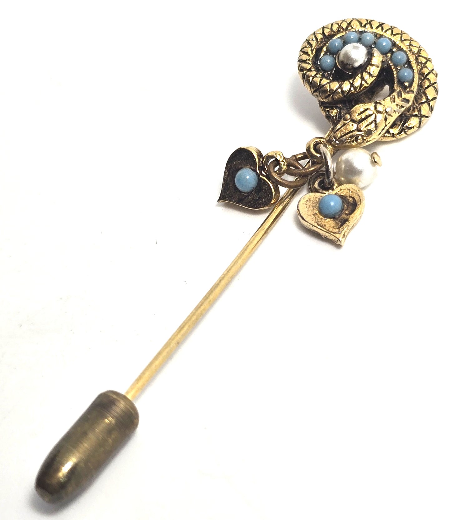 Turquoise Blue Ballotini Faux Pearl Heart Charm Snake Serpent vintage Stick Pin