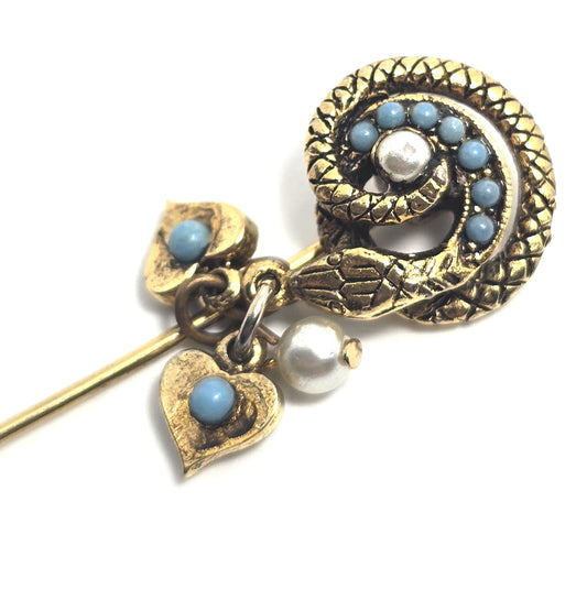 Turquoise Blue Ballotini Faux Pearl Heart Charm Snake Serpent vintage Stick Pin