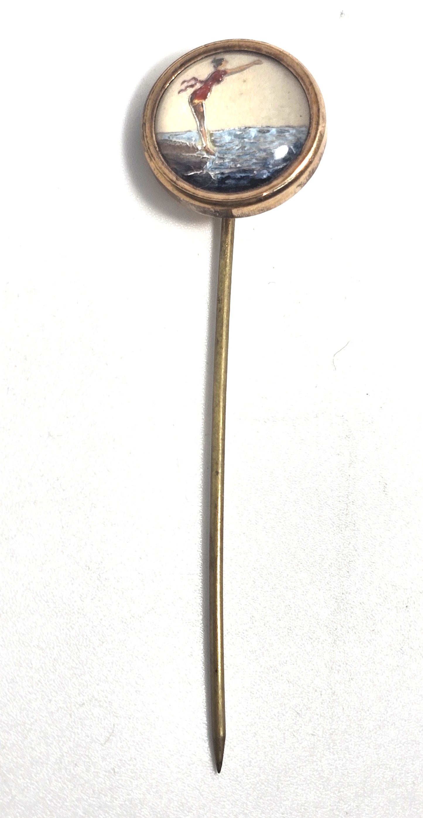 Pin up swimmer intaglio goofus glass mercury painted vintage Essex stick pin brooch