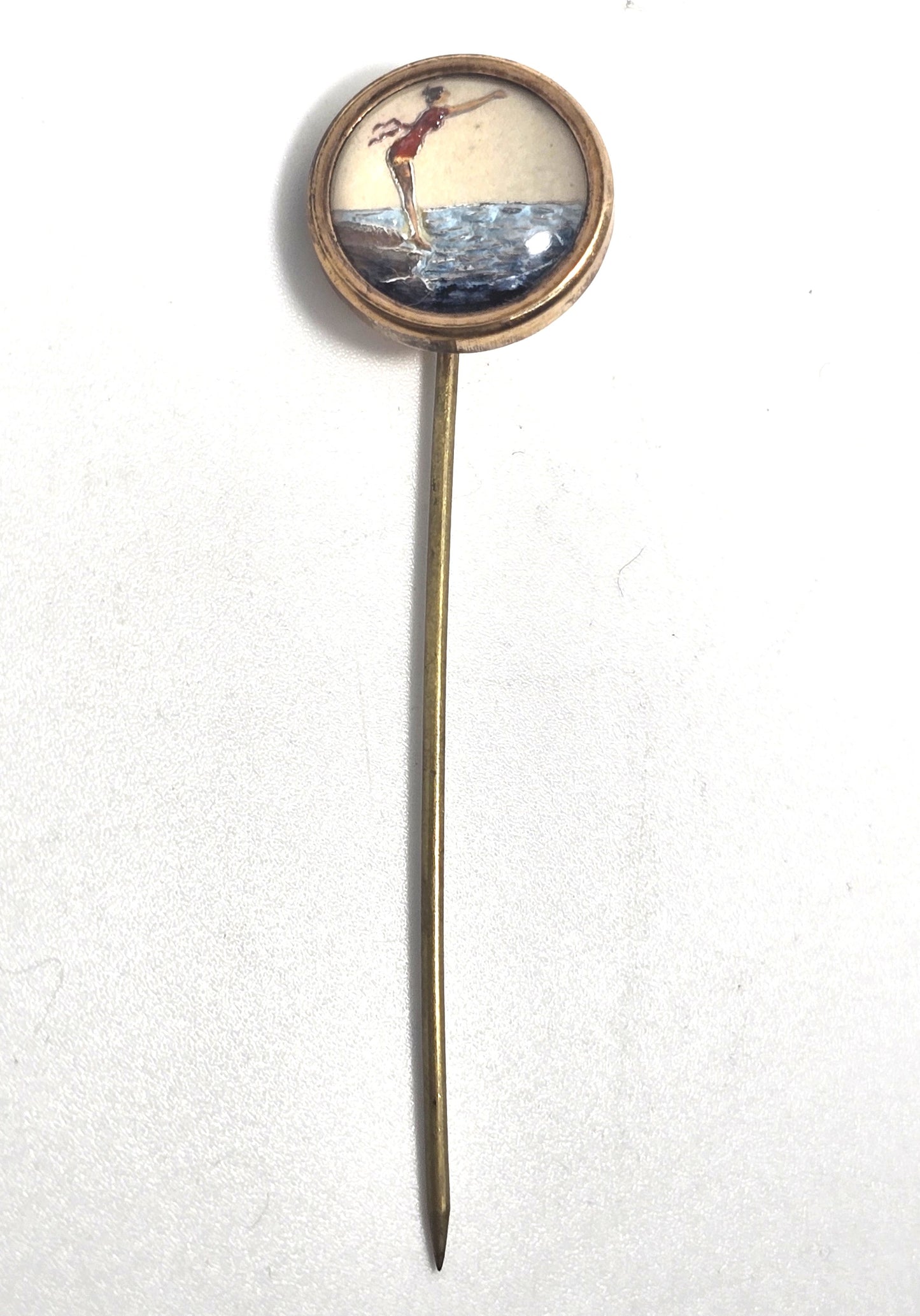 Pin up swimmer intaglio goofus glass mercury painted vintage Essex stick pin brooch