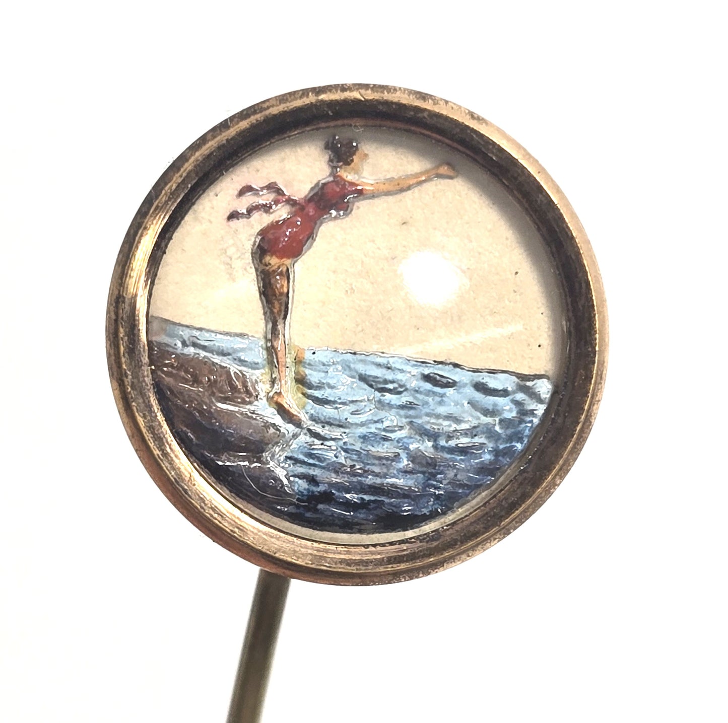 Pin up swimmer intaglio goofus glass mercury painted vintage Essex stick pin brooch