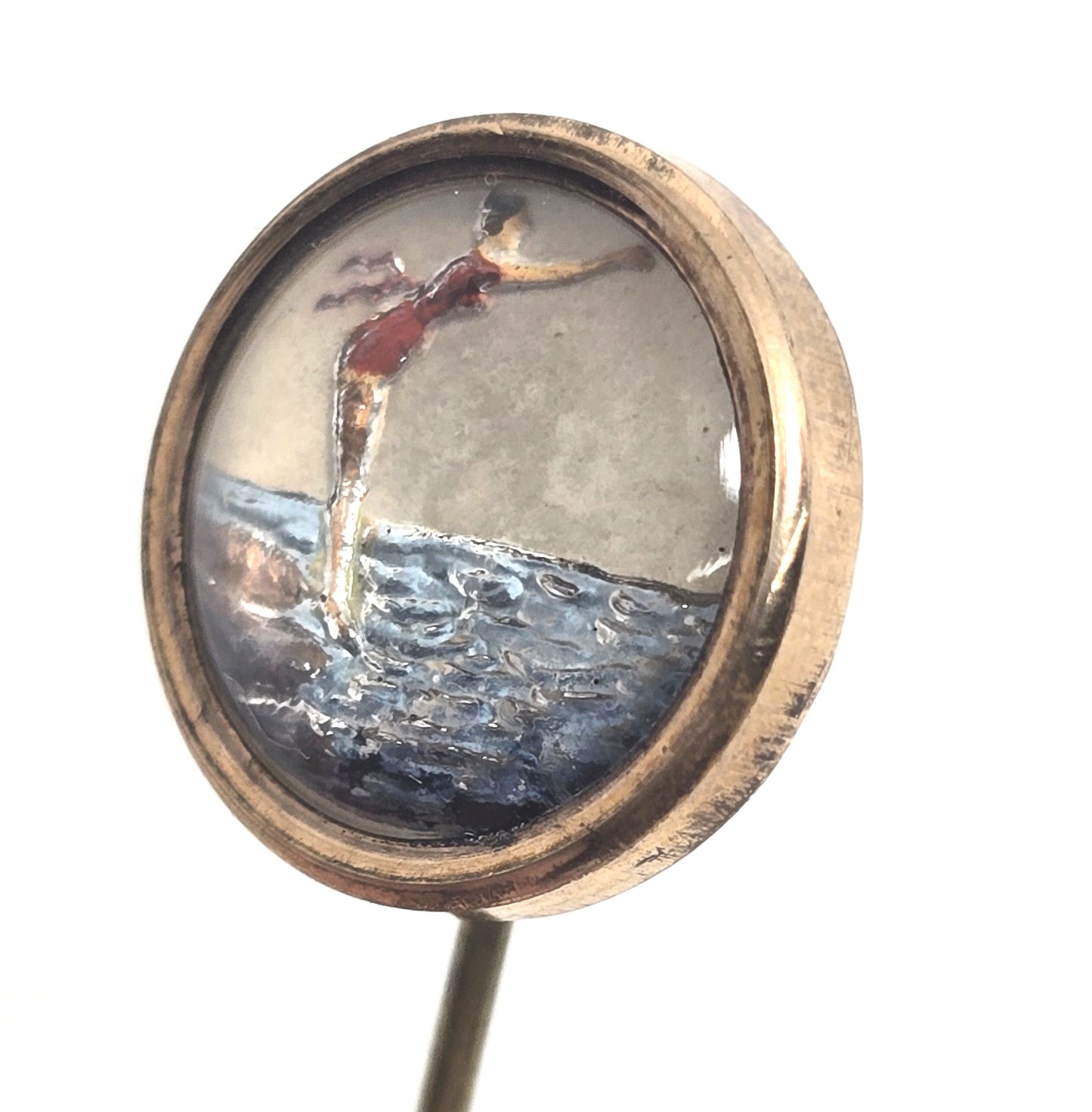 Pin up swimmer intaglio goofus glass mercury painted vintage Essex stick pin brooch