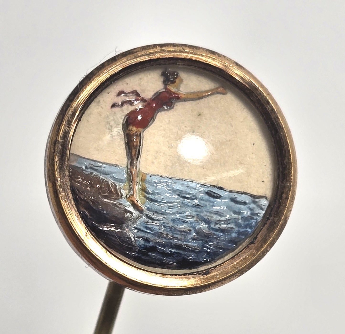 Pin up swimmer intaglio goofus glass mercury painted vintage Essex stick pin brooch