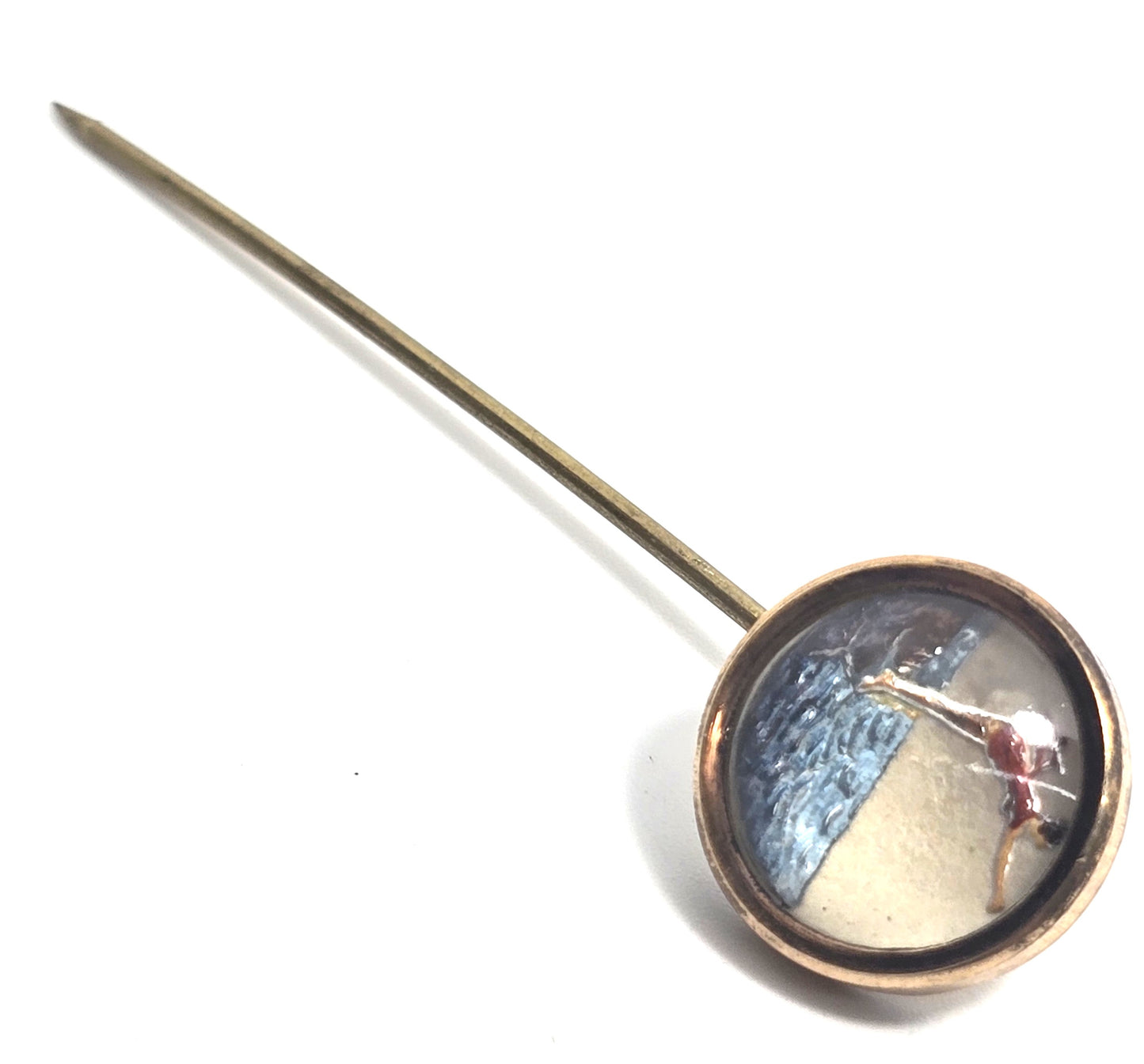 Pin up swimmer intaglio goofus glass mercury painted vintage Essex stick pin brooch