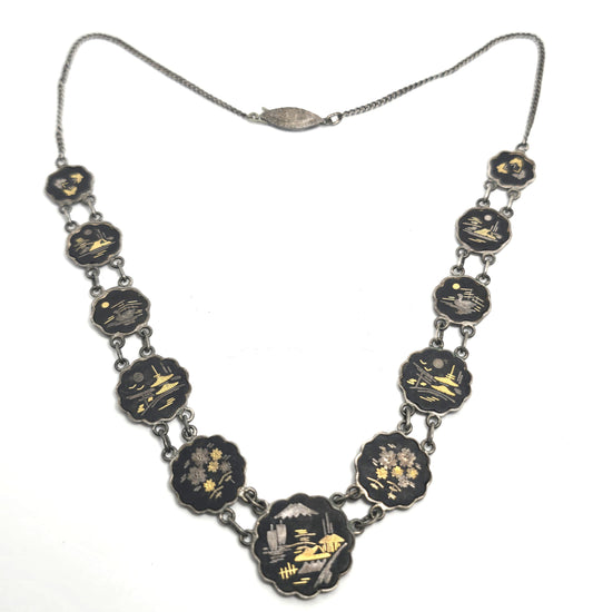Japanese Damascene etched sterling silver vintage necklace Amita jewelry Mount Fuji
