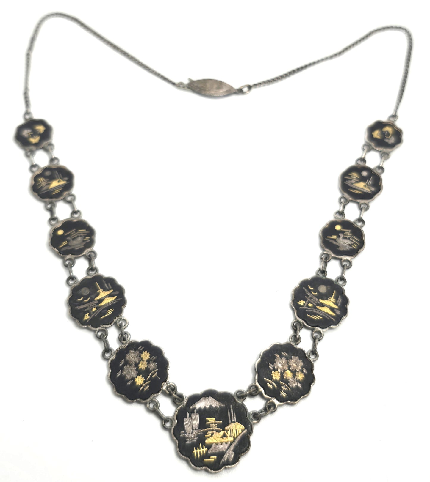 Japanese Damascene etched sterling silver vintage necklace Amita jewelry Mount Fuji