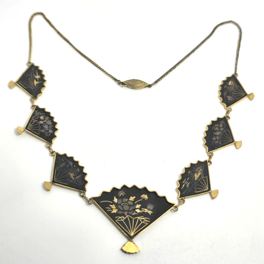 Japanese Damascene etched gold filled vintage necklace Amita jewelry Mount Fuji