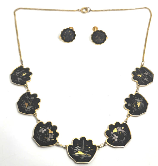 Japanese Damascene etched gold filled vintage necklace earrings Amita jewelry set