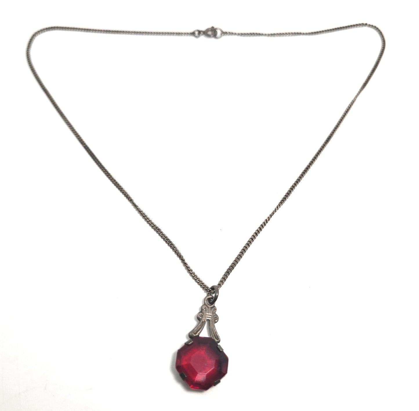 Art Deco Red Czech Glass antique sterling silver open work pendant necklace