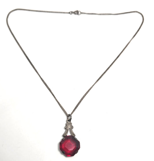 Art Deco Red Czech Glass antique sterling silver open work pendant necklace