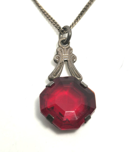 Art Deco Red Czech Glass antique sterling silver open work pendant necklace
