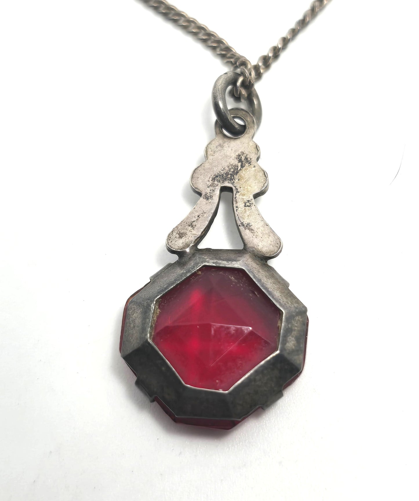 Art Deco Red Czech Glass antique sterling silver open work pendant necklace