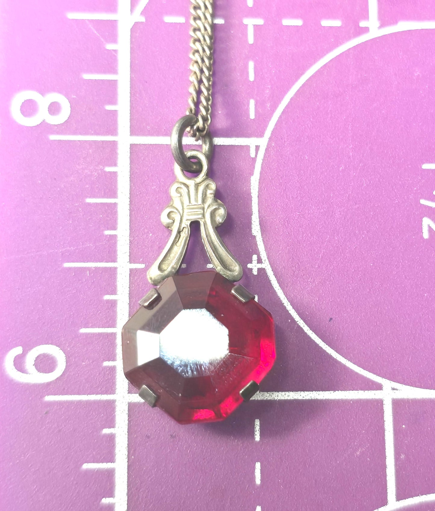 Art Deco Red Czech Glass antique sterling silver open work pendant necklace