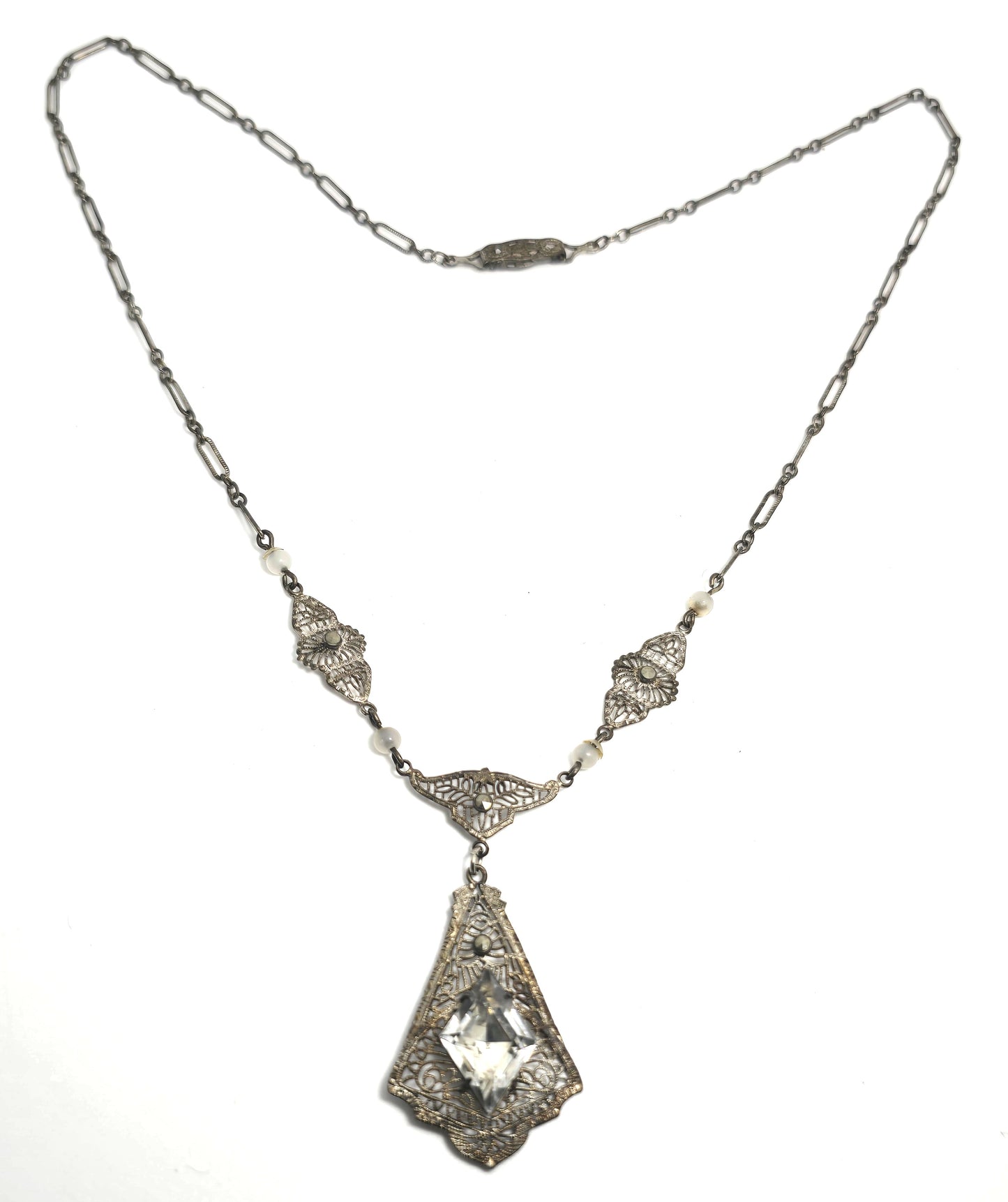 Art Deco Blue Czech Glass antique Rhodium plated filigree open work necklace