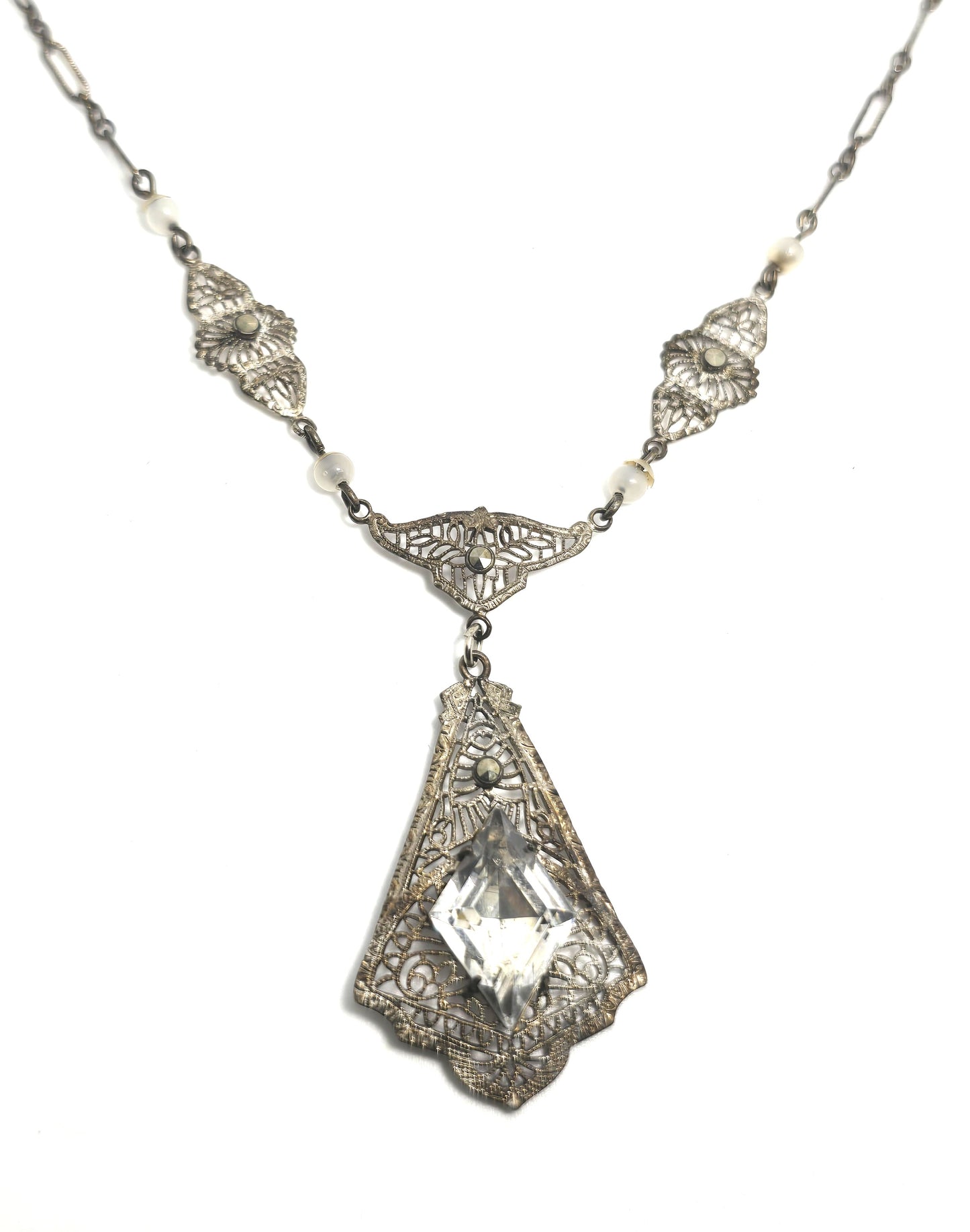 Art Deco Blue Czech Glass antique Rhodium plated filigree open work necklace