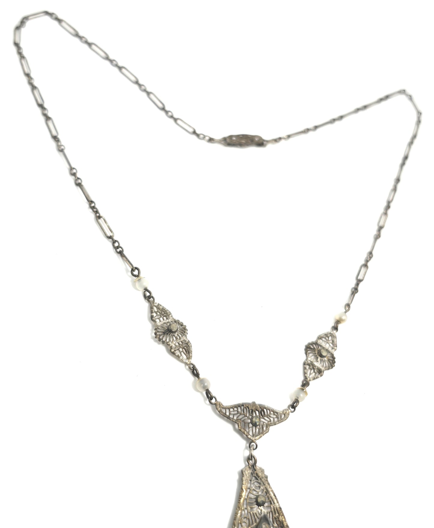 Art Deco Blue Czech Glass antique Rhodium plated filigree open work necklace