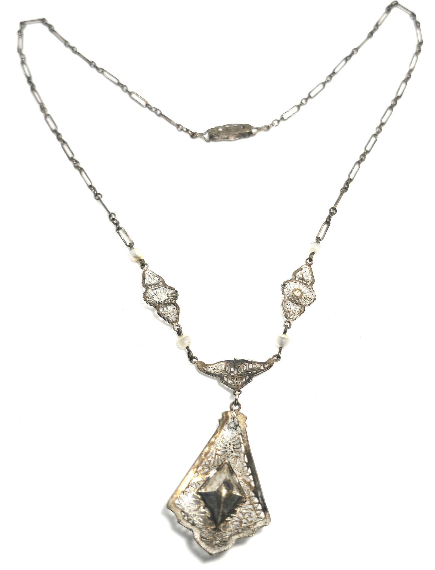 Art Deco Blue Czech Glass antique Rhodium plated filigree open work necklace