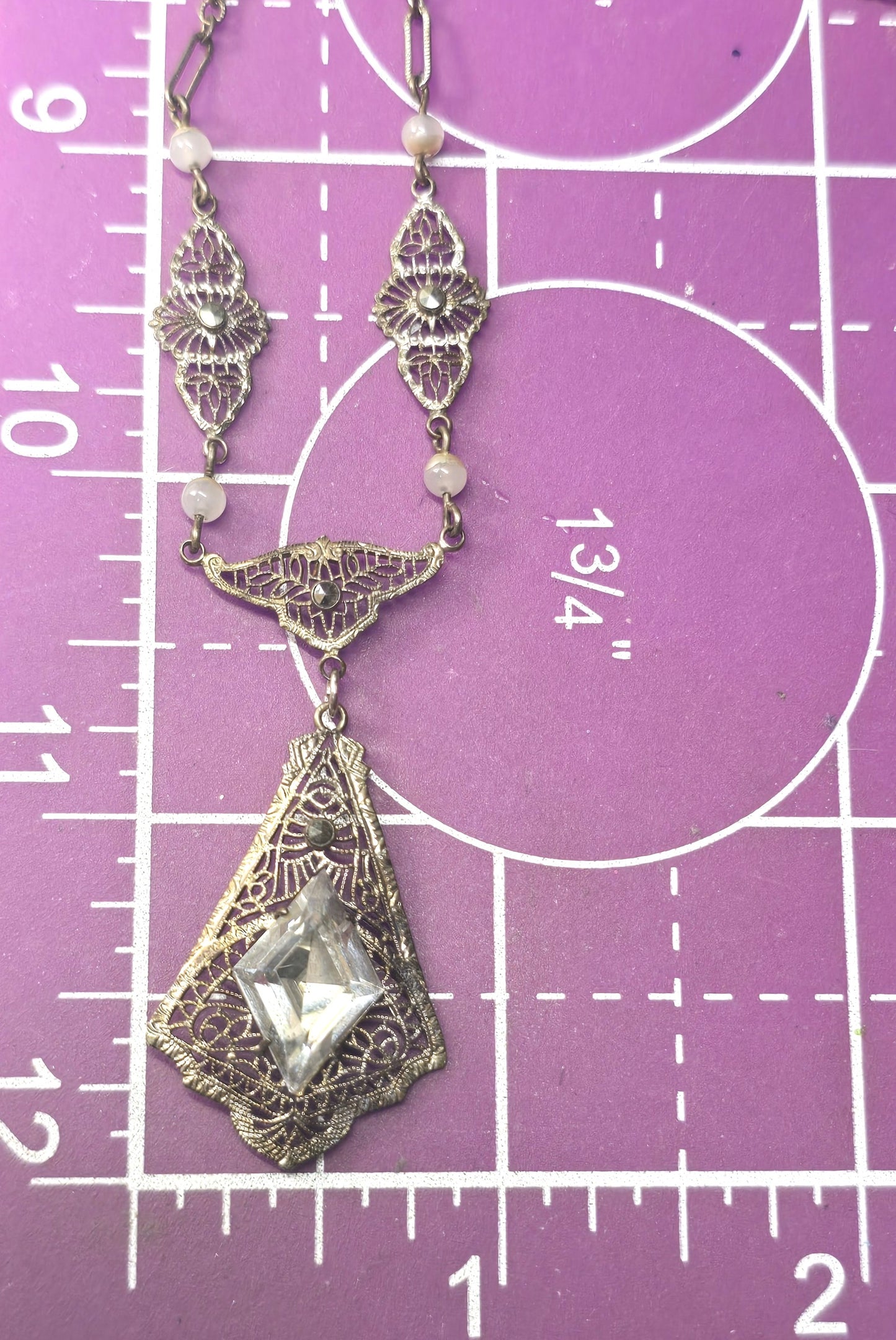 Art Deco Blue Czech Glass antique Rhodium plated filigree open work necklace